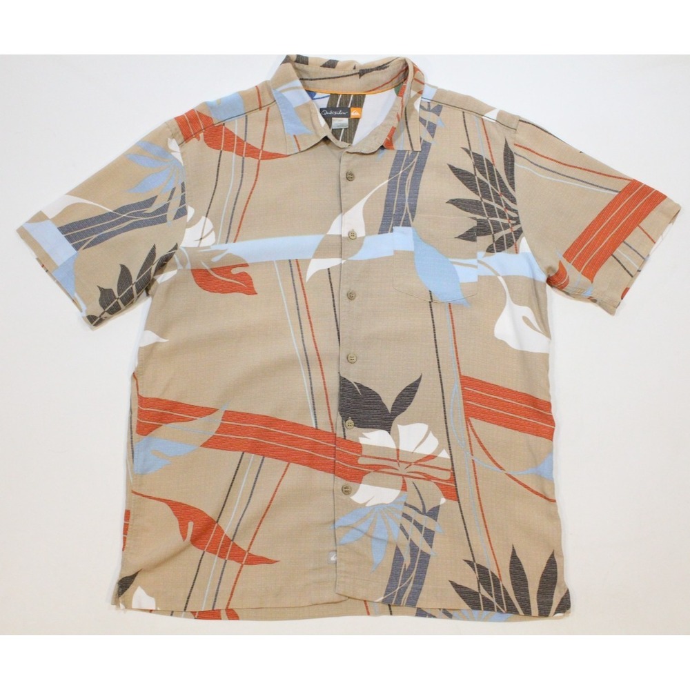QuikSilver‎ Silk Shirt Mens Large Floral Short Sleeve Regular Fit Hawaiian